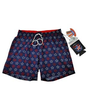 Broken Threads Mens‎ Swim Trunks Size M Stars Navy Red White w/Can Cooler